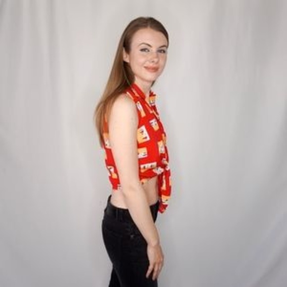 Liz Claiborne Vintage Abstract Red Tie Up Crop Top - Picture 5 of 6